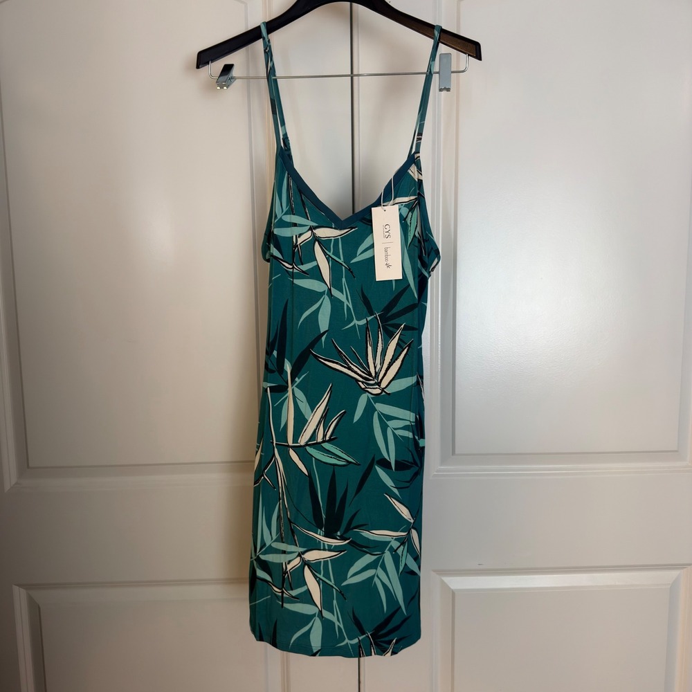 GYS Bamboo Sleepwear Teal Tropical Leaf Print Nightgown Chemise Medium NWT